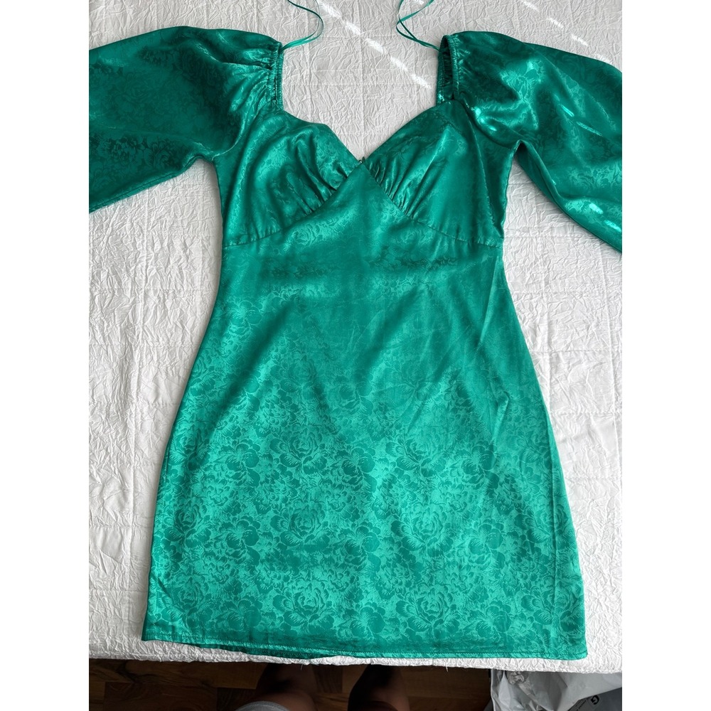 12th Tribe Green Floral Jacquard Satin Puff Sleeve Mini Dress Sweetheart Small